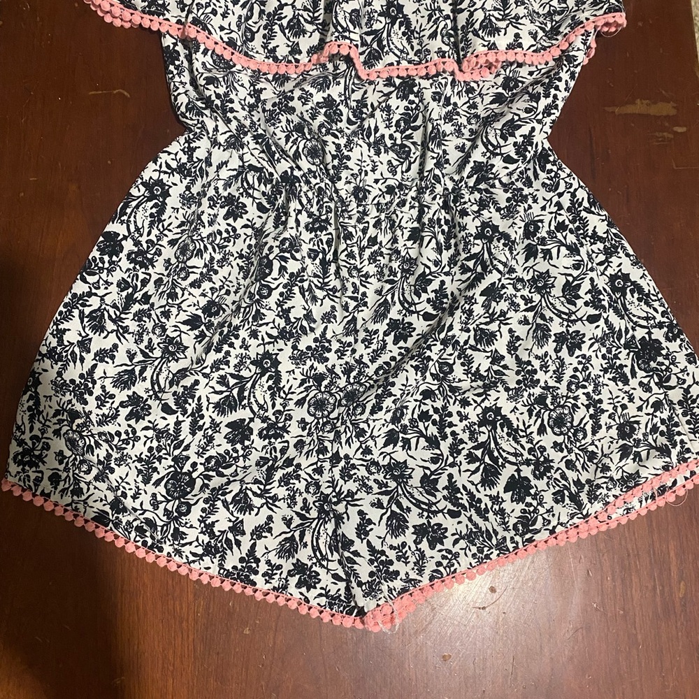 Floral Black and White Romper with Pink Trim